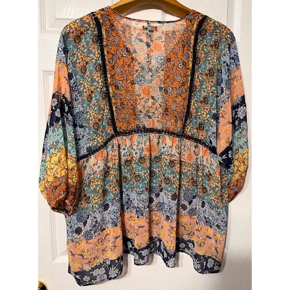 New Directions Womens XL Floral Patchwork Babydoll Blouse V-Neck Boho Lace Trim - Picture 2 of 7